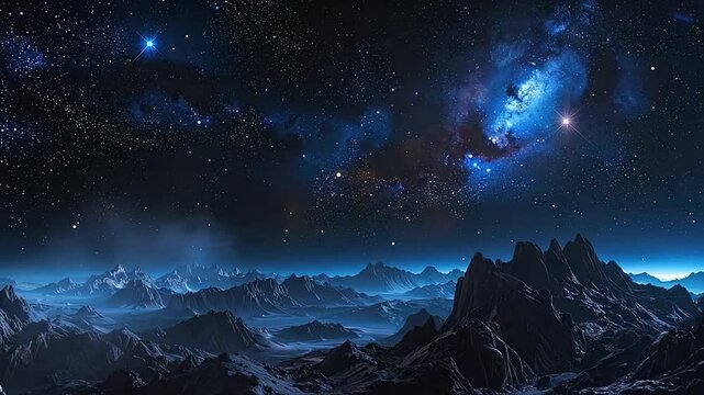 A vast mountain range under a bright starry night sky