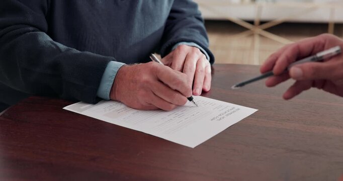 Hands, agent and old man with paperwork sign for asset transfer, beneficiary form or compliance. Finance advisor, senior client or document signature in home for authority agreement, approval or help