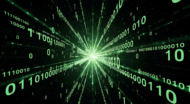 Immerse yourself in a dynamic digital universe of glowing green binary code streams, representing the future of technology and data.
