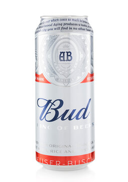 LONDON,UK - FEBRUARY 06,2022: Budweiser lager beer on white background.King of beers
