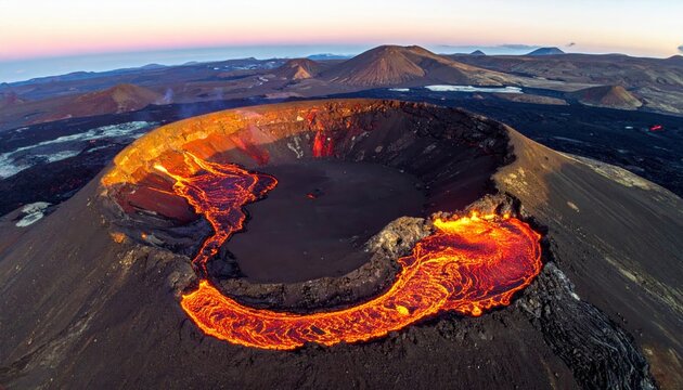 Fiery lava flows across a volcanic crater on a planetary surface, showcasing geological power and natural formation