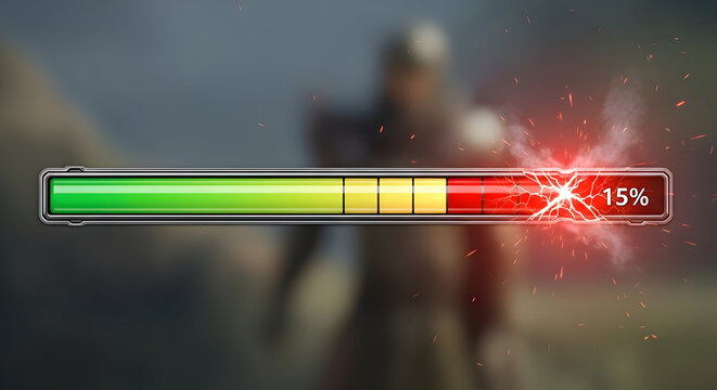 Dynamic loading bar with electric crackle and 15% completion, signaling progress and energy in technology or gaming