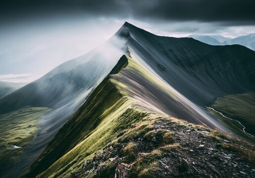 Amateur photo: atmospheric landscape about essence of solitude and reflection. The scene balances the weight of misty, rolling hills against a piercing sunburst through the clouds, evoking a deep emot