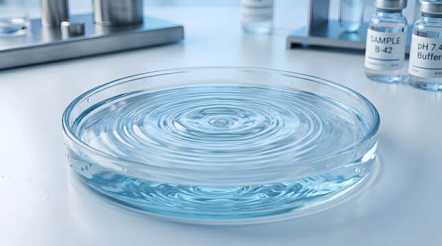 Clear liquid creating concentric ripples in a laboratory petri dish, showcasing scientific research and chemical analysis
