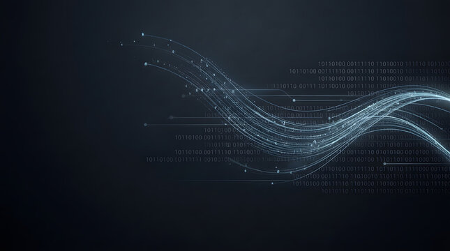 Dynamic abstract digital wave of luminous particles and binary code, symbolizing interconnected data flow, technological advancement, and modern communication networks