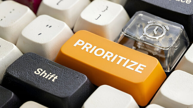 Close-up of a computer keyboard with an orange 'PRIORITIZE' key, emphasizing task management and efficiency.