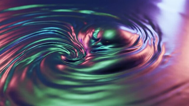Iridescent liquid metal swirling, creating fluid abstract waves with colorful reflections, futuristic background for design