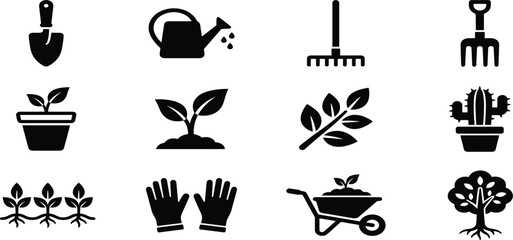 Obraz premium Gardening and Plant Care Silhouette Icon Set Featuring Watering Can, Garden Tools, Seedlings, Wheelbarrow, Gloves and Nature Symbols