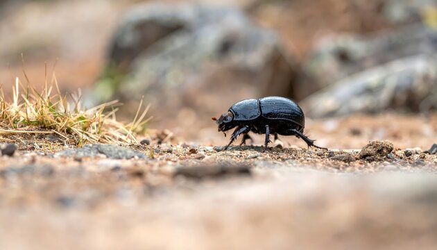 Black Dung Beetle Navigates Arid Rocky Terrain in Close-Up Wildlife