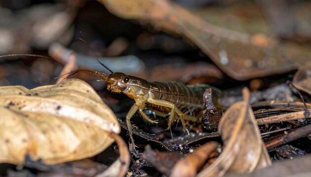 Centipede hunting amongst leaf litter, its quick predatory dash amongst the forest floor