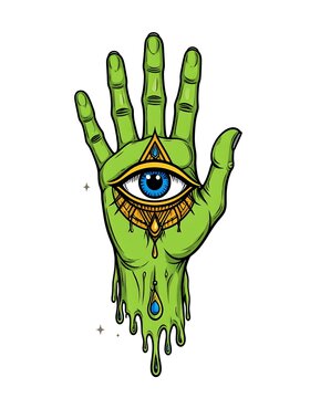 A green, glowing hand with an eye on the palm, adorned with gold accents