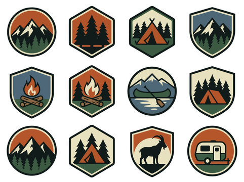 Vintage Outdoor Camping Adventure Badges Set with Mountains, Forest, Campfire, and Tents