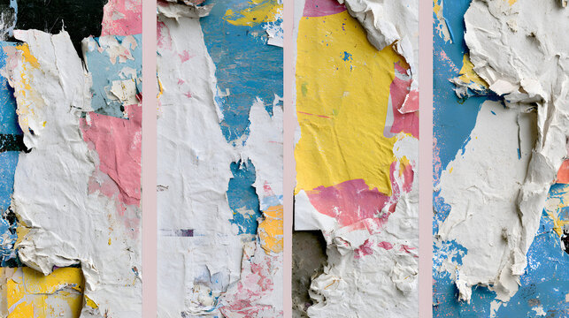 Old vibrant posters, torn and crumpled like faded paper, textured with grungy styles, serving as abstract wall backdrops, placards, and surface elements, seamless loop collages, urban street themes, s