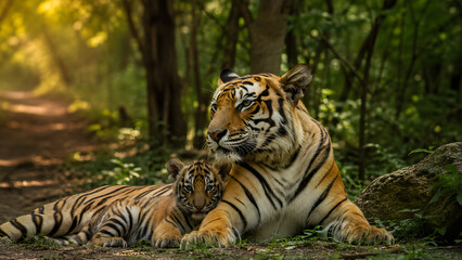 Obraz premium Bengal tiger mother and cub resting together in a lush green forest