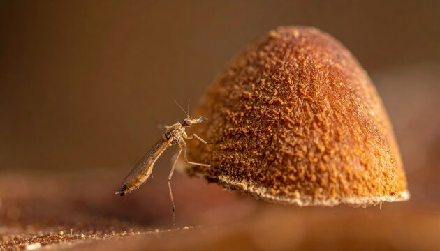 Delicate fungus gnat lands on a textured mushroom cap in a detailed macro shot showcasing natural life