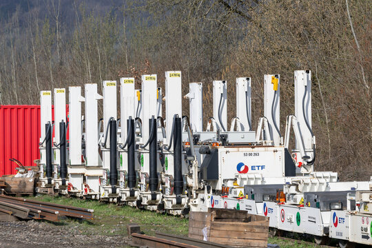 Onville, France - March 15th 2026 : View on white track and turnout solutions PEM 807 and LEM 460 on a railway construction site for the replacement of switches in a station.