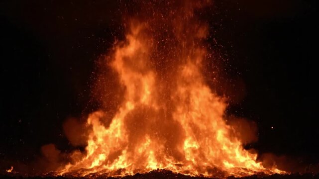 A large volcanic eruption with a massive cloud of fire and smoke rising into the night sky with sparks flying everywhere