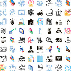 Fototapeta premium Variety of conceptual line icons and vector illustrations presenting diverse themes from business, finance, health, and social issues on a white background
