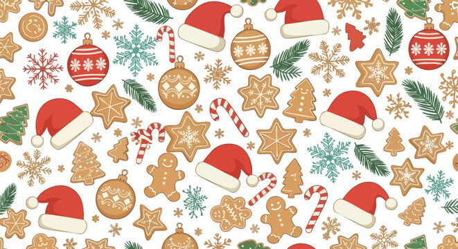 Seamless Christmas Pattern Featuring Santa Hats Snowflakes Gingerbread Cookies Ornaments and Pine Branches on White Background