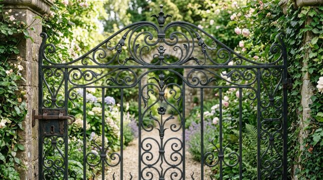 Ornate wrought iron garden gate with intricate scrollwork and lush greenery beyond