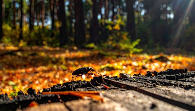 Rove Beetle Scurrying Across a Sunlit Forest Floor Amidst Autumn Leaves