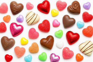 Obraz premium A collection of colorful, heart-shaped chocolates and candies are arranged on a white surface.