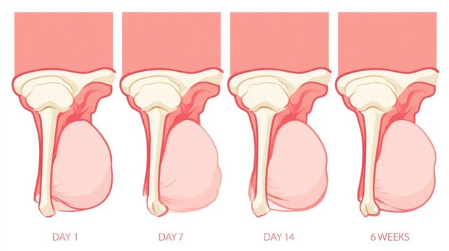 Uterus involution is shown in four panels from day 1 to 6 weeks postpartum. This illustration depicts the gradual return to pre-pregnancy size.