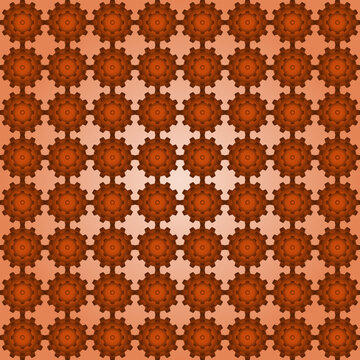 Abstract seamless background featuring repeating orange mechanical gears and cogs in a symmetrical pattern