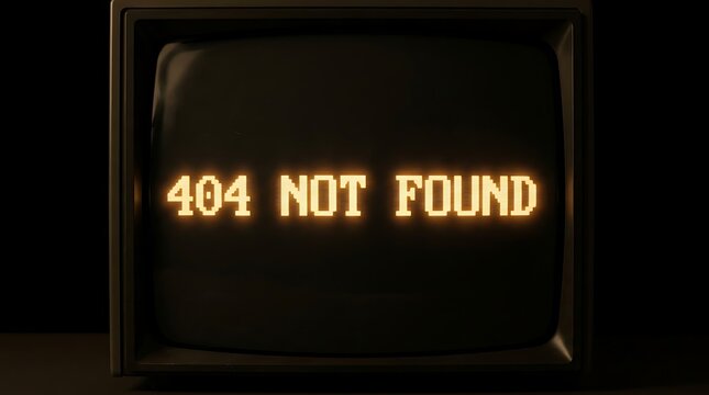 404 Not Found glowing text on a vintage television screen in a dark room.