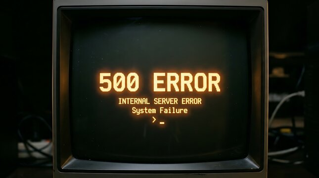 Pixel art 500 internal server error message displayed on an old retro computer screen.