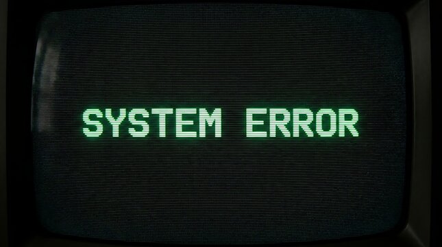 System error text displayed on a vintage computer screen with digital glitch effects.