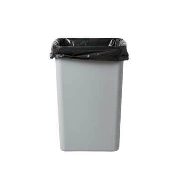 New, rectangular, transparent utility waste bin, matte high-density plastic, clean, with a black garbage bag liner, on a transparent seamless background, concept of commercial utility