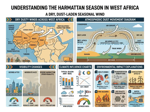 Detailed Infographic: Understanding West Africa's Dry, Dust-Laden Harmattan Seasonal Wind and its Environmental Impacts