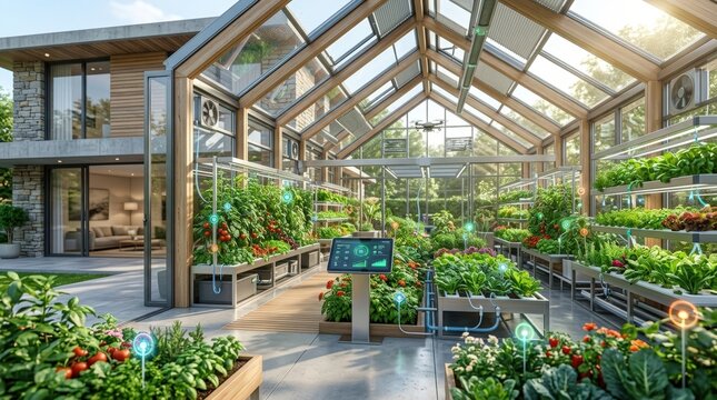 Advanced smart greenhouse with automated hydroponic systems and digital monitoring for home garden