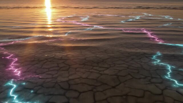 Abstract glowing neon lines forming patterns on cracked dry earth surface at sunset, mystical energy flow, spiritual concept