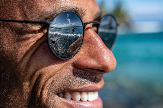 Close-up of a man's face with a wide smile and round sunglasses reflecting surfers and palm trees at Saint-Leu Beach on Reunion Island