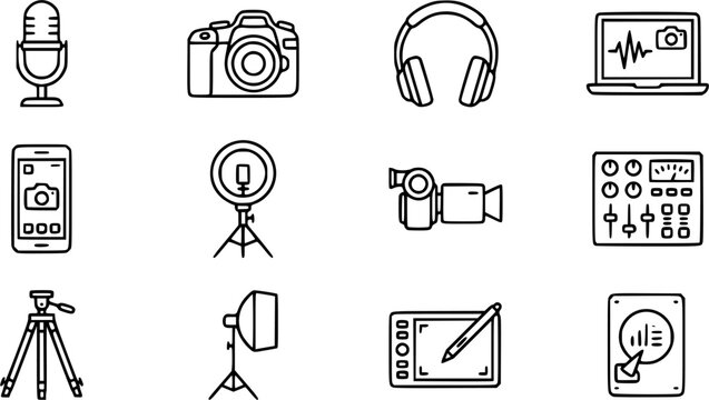 Content Creator Tools outline icon set, thin line art style, pure white background
