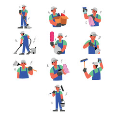Fototapeta premium Professional Cleaning Service Worker Character Illustration Set