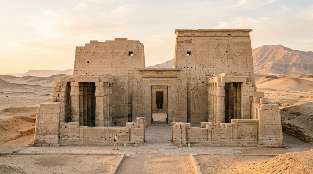 Ancient Egyptian Temple Entrance with Stone Columns and a Lone Figure Walking in the Sunlit Desert