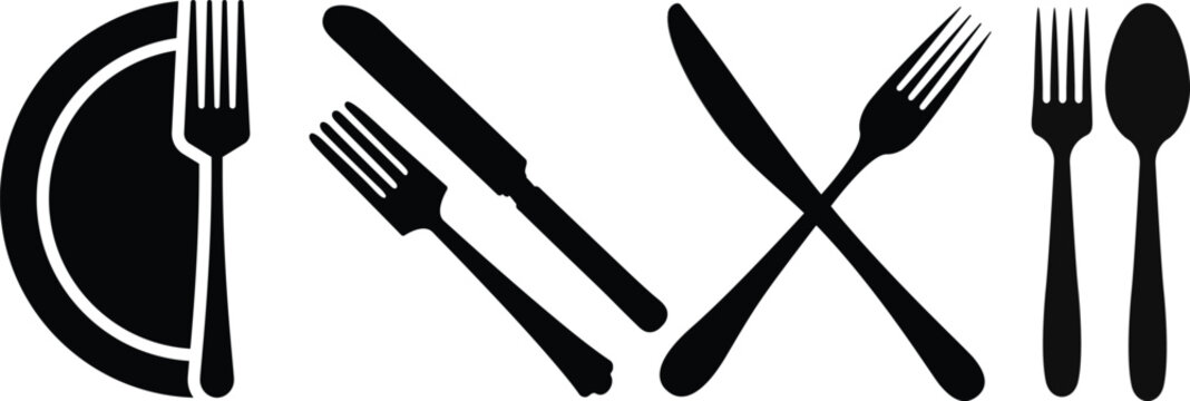 Spoon, knife, fork icon set, Dining silverware Silhouette, cutlery, Vector illustration.Cutlery icon set with fork knife and spoon silhouettes isolated on white background minimal food symbol vector.