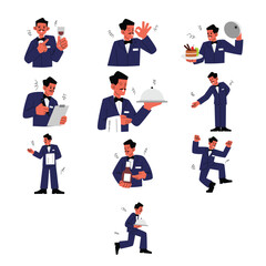 Fototapeta premium Professional Male Waiter Action Character Illustration Set