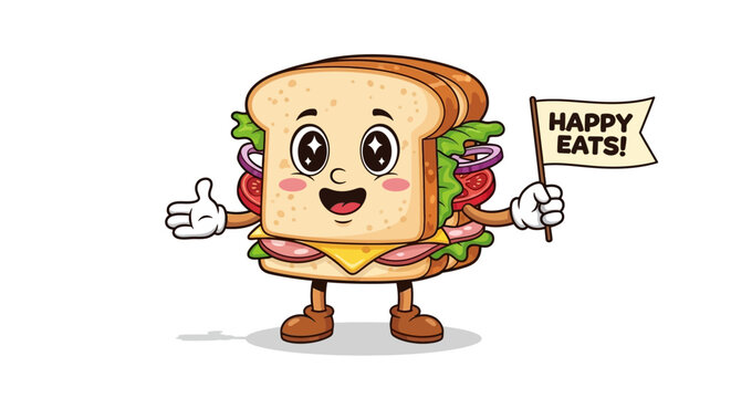 Cartoon sandwich with smiling face and sign isolated white background