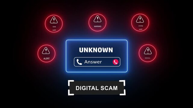 Digital scam warning interface featuring an incoming unknown call notification with glowing red alert and cyber security threat indicators for online fraud prevention and data protection awareness