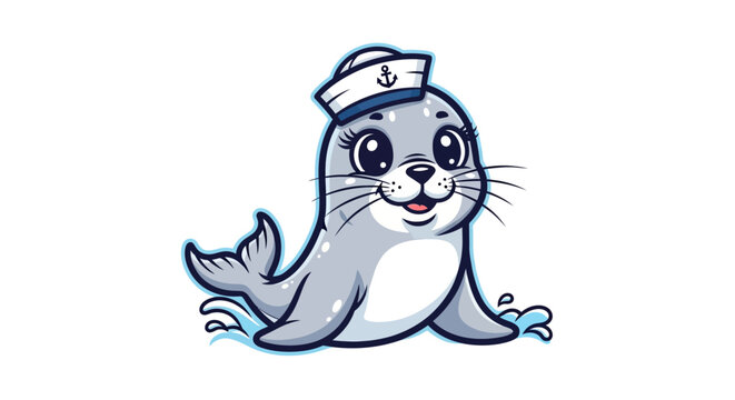 Cartoon seal in sailor hat vector illustration on white background