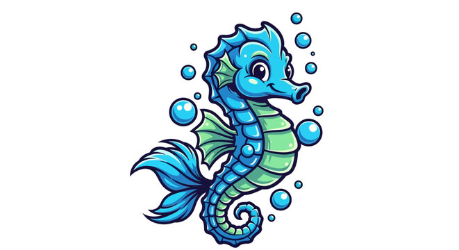 Cartoon seahorse illustration with bubbles against a clean white background