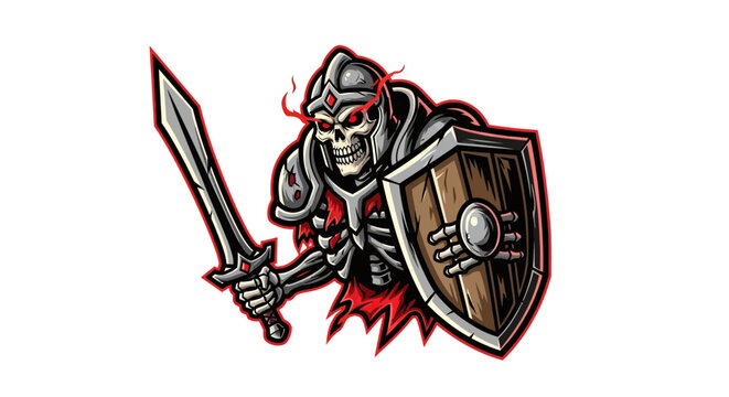 Cartoon skeleton warrior illustration with sword and shield isolated on white