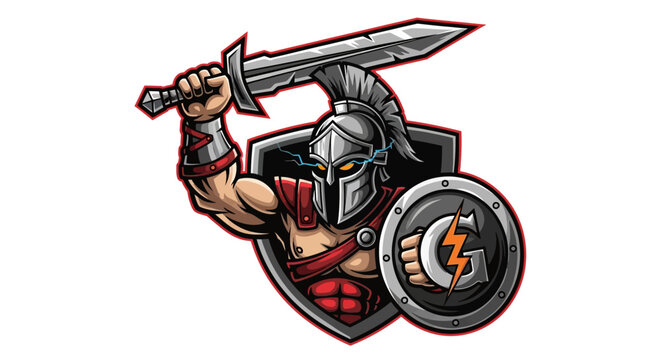 Cartoon spartan warrior with sword and shield on white background