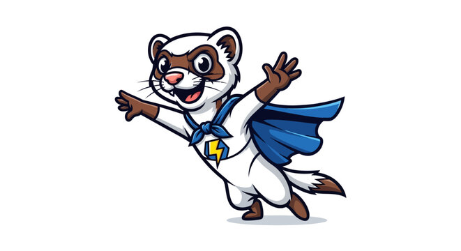Cartoon superhero ferret mascot in flight with blue cape and logo