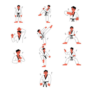 Professional Male Taekwondo Action Character Illustration Set