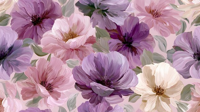 A beautiful seamless floral pattern featuring large pastel purple, lavender, blush pink, and ivory flowers with textured petals and delicate green leaves.